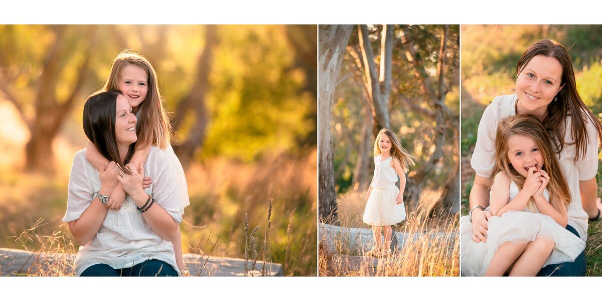 Mommy and me session with Mother sitting on a log and her daughter leaning over her shoulders and giving her a hug for their family photos in Hampton roads