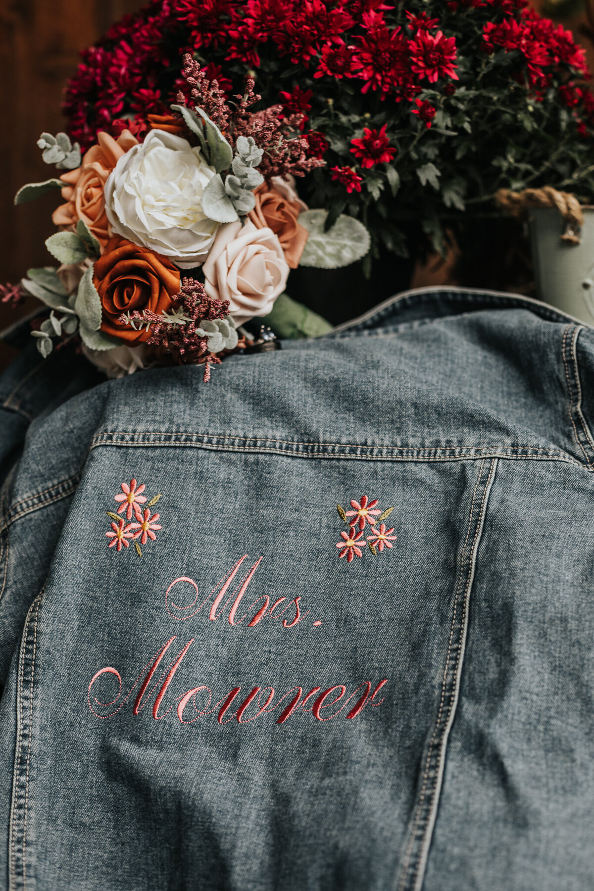 Custom wedding jean jacket detail shot