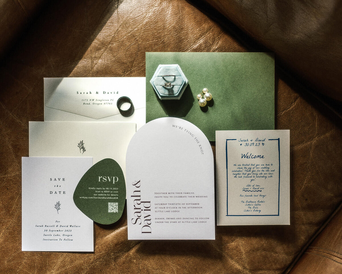 A wedding flat lay featuring invitation, and wedding rings. 