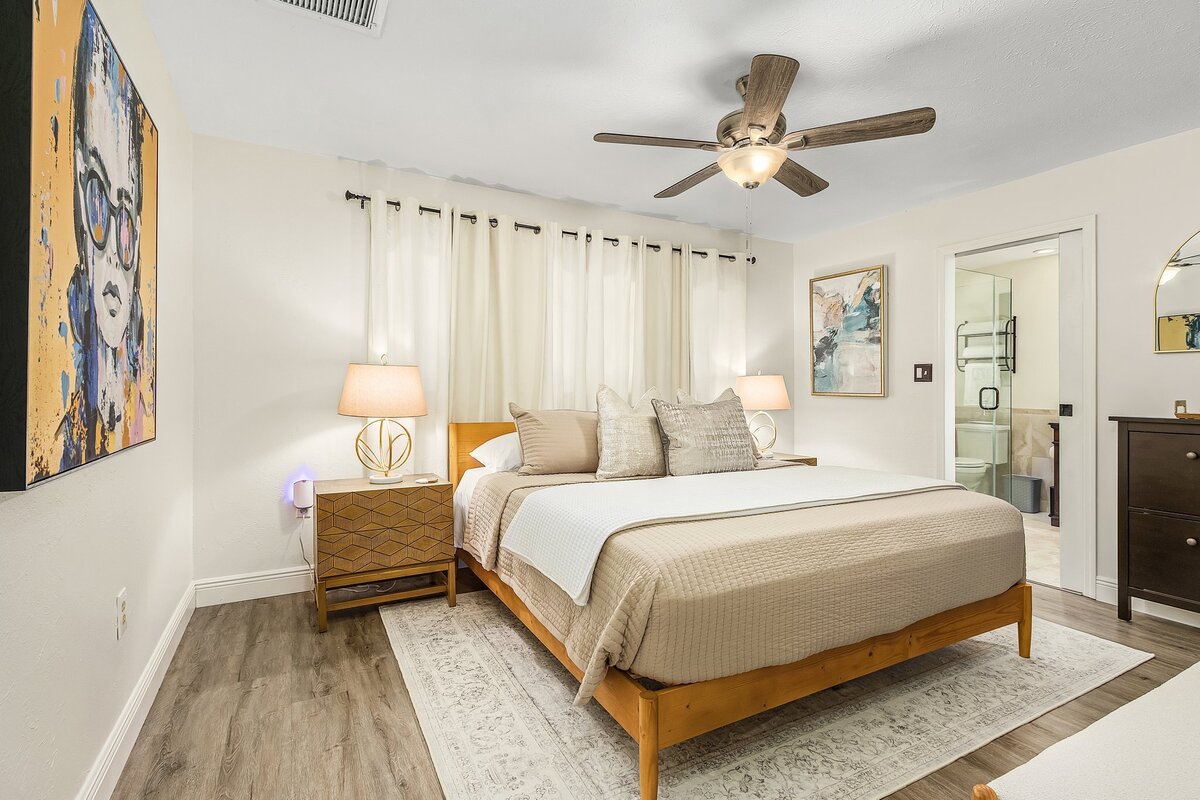 Bedroom with wood and neutral accents