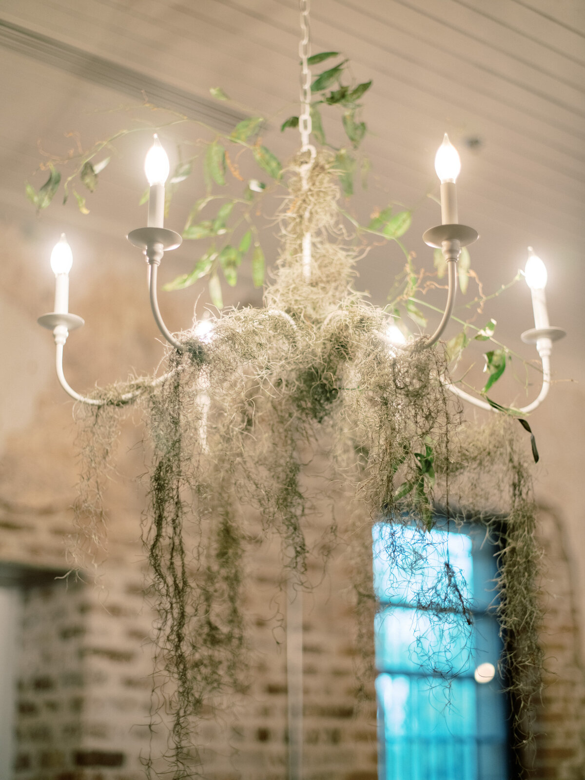 A striking chandelier adorned with moss and foliage, illuminating the space with soft light, beautifully blending rustic charm and elegance for a wedding.