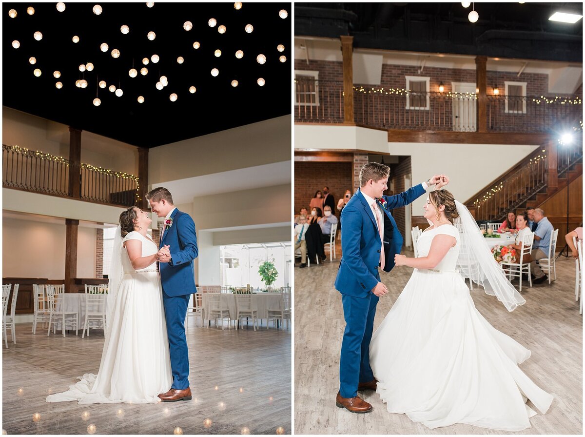 Dancing under the industrial style chandelier during reception at Talia Event Center