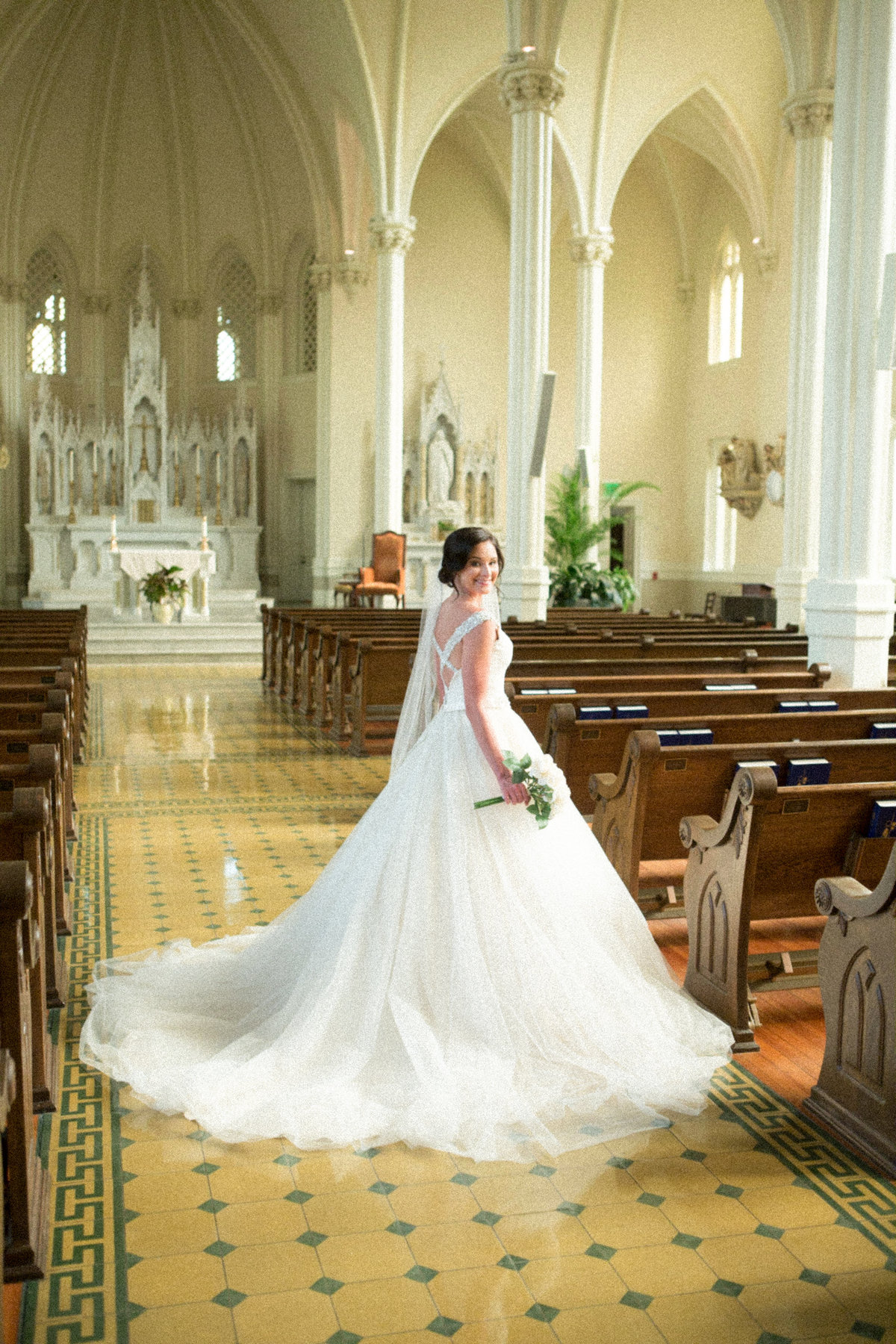 Kayla Szymanski bridal portait at St. Joseph Catholic Church at Springhill College in Mobile, Alabama.