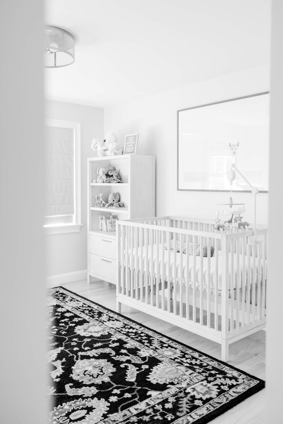 Animal themed nursery with newborn sleeping in his crib