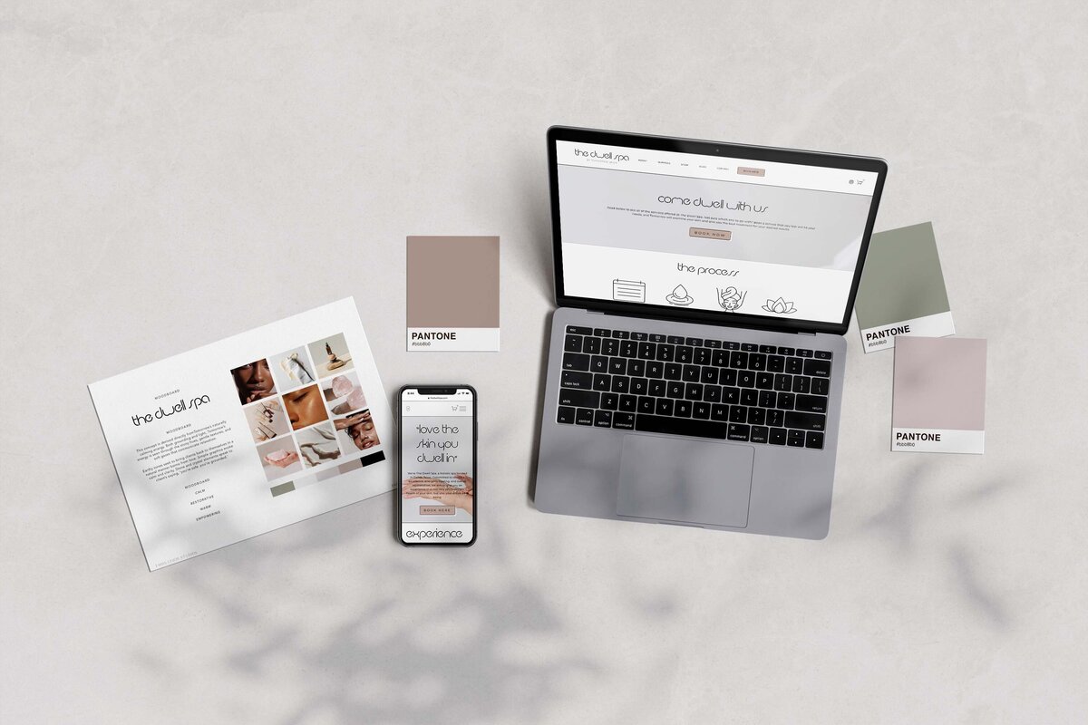 Brand asset mock-up of mobile and desktop web design and brand guidelines by Emma Leigh Studios.