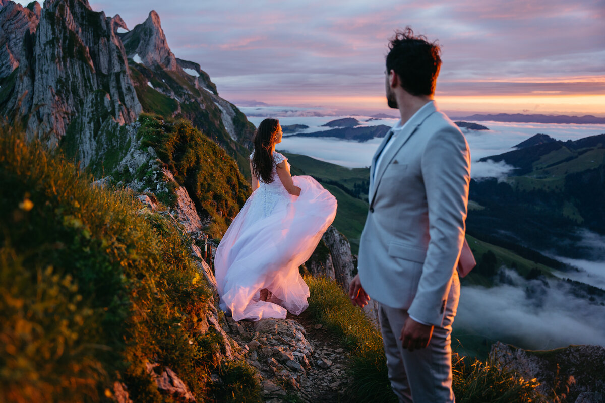 Incredible sunset in Switzerland with eloping couple