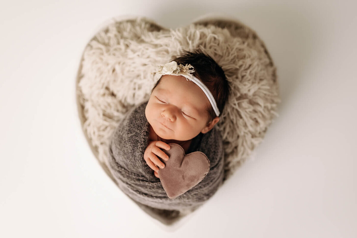 Newborn baby girl sitting in heart baskets holding heart lovey