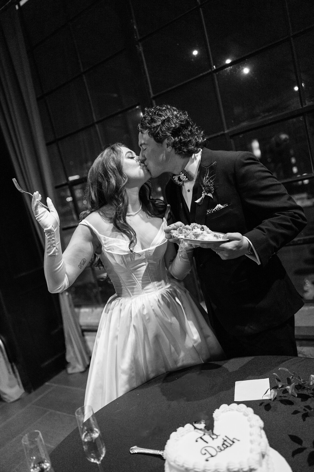 A photo of the bride and groom during the reception  at their Astorian wedding in Houston.