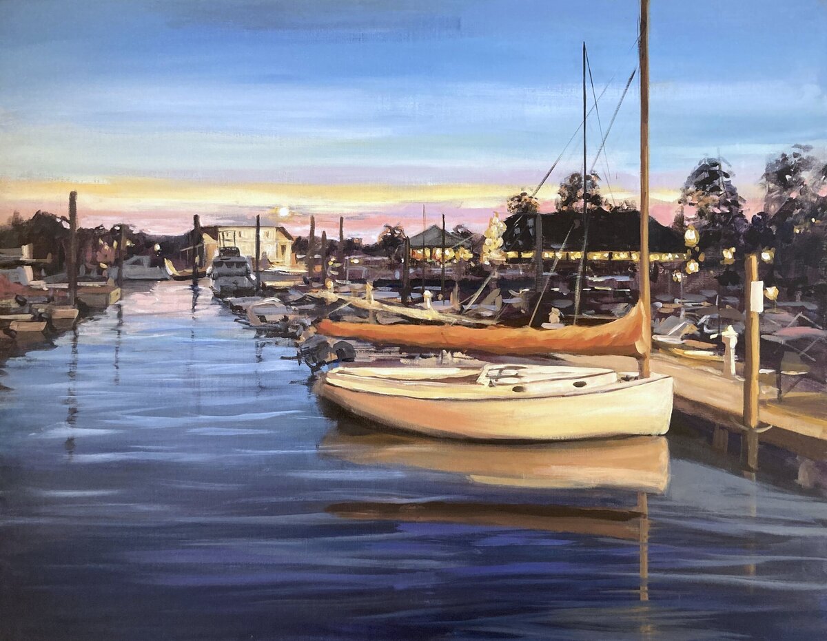 Painting of Sunset at Guilford Town Marina with orange glow from street light and reflections in the blue water of the boats, twinkling lights, 30 x 38" acrylic painting by Connecticut Painter Linda Marino