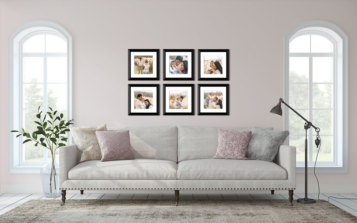 Canvas wall gallery in beige and pink living room captured by Emily Richardson Photography, family photographer in Winston-Salem