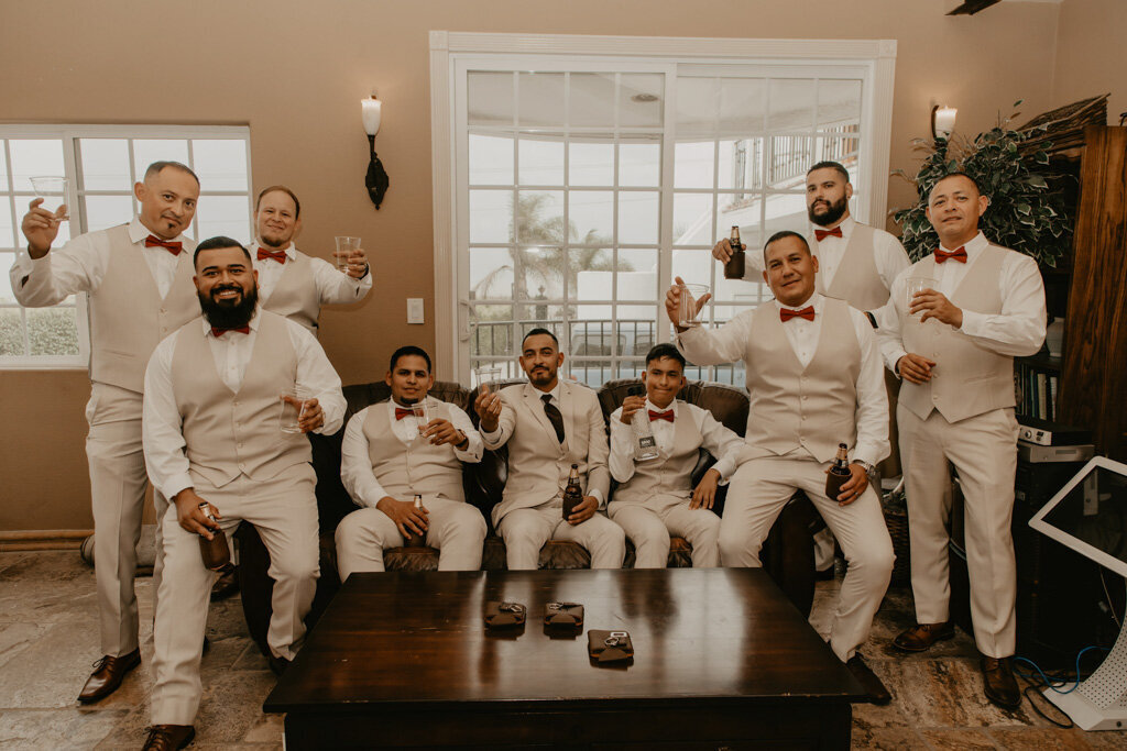 Handsome groom's party wearing tan