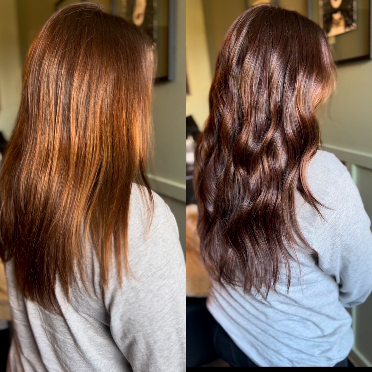 before and after of Jacqueline Redd Roberson's best brunette hand tied extensions in Madison, MS
