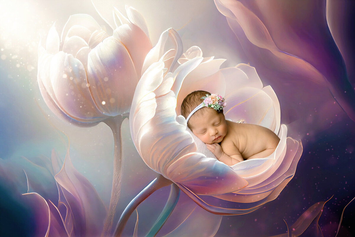 newborn photograph featuring a baby girl sleeping on her belly in a pink flower