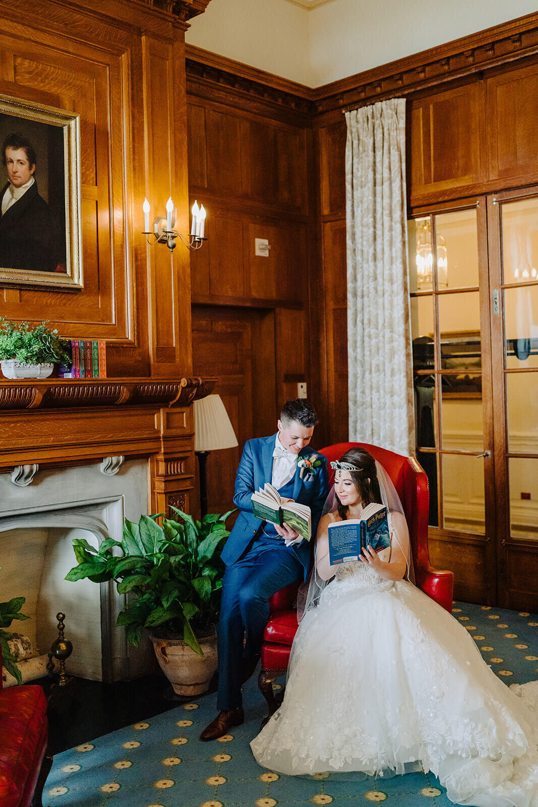 Couple reading Harry Potter before their wedding