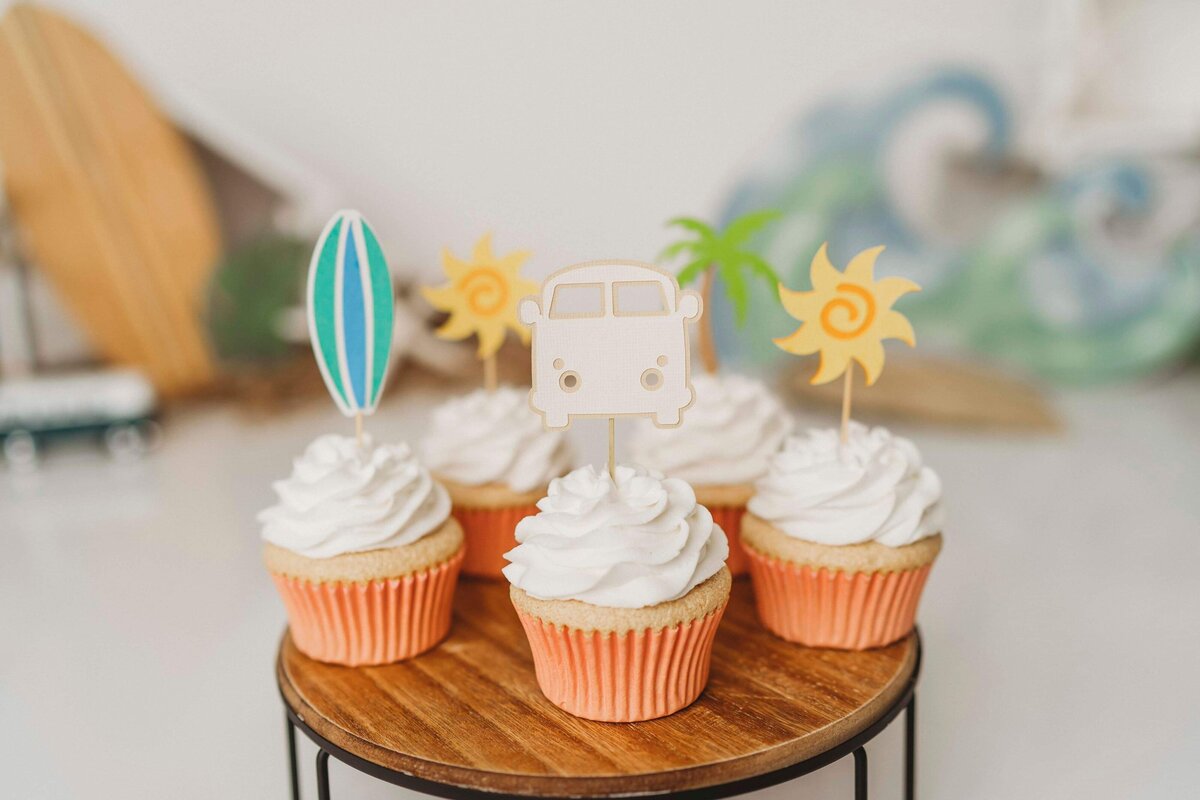 Vintage retro VW Bus and sun and surfboard cupcake toppers