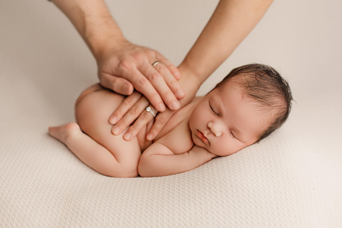 newborn baby boy posed with parents' hands during hamilton newborn photography session