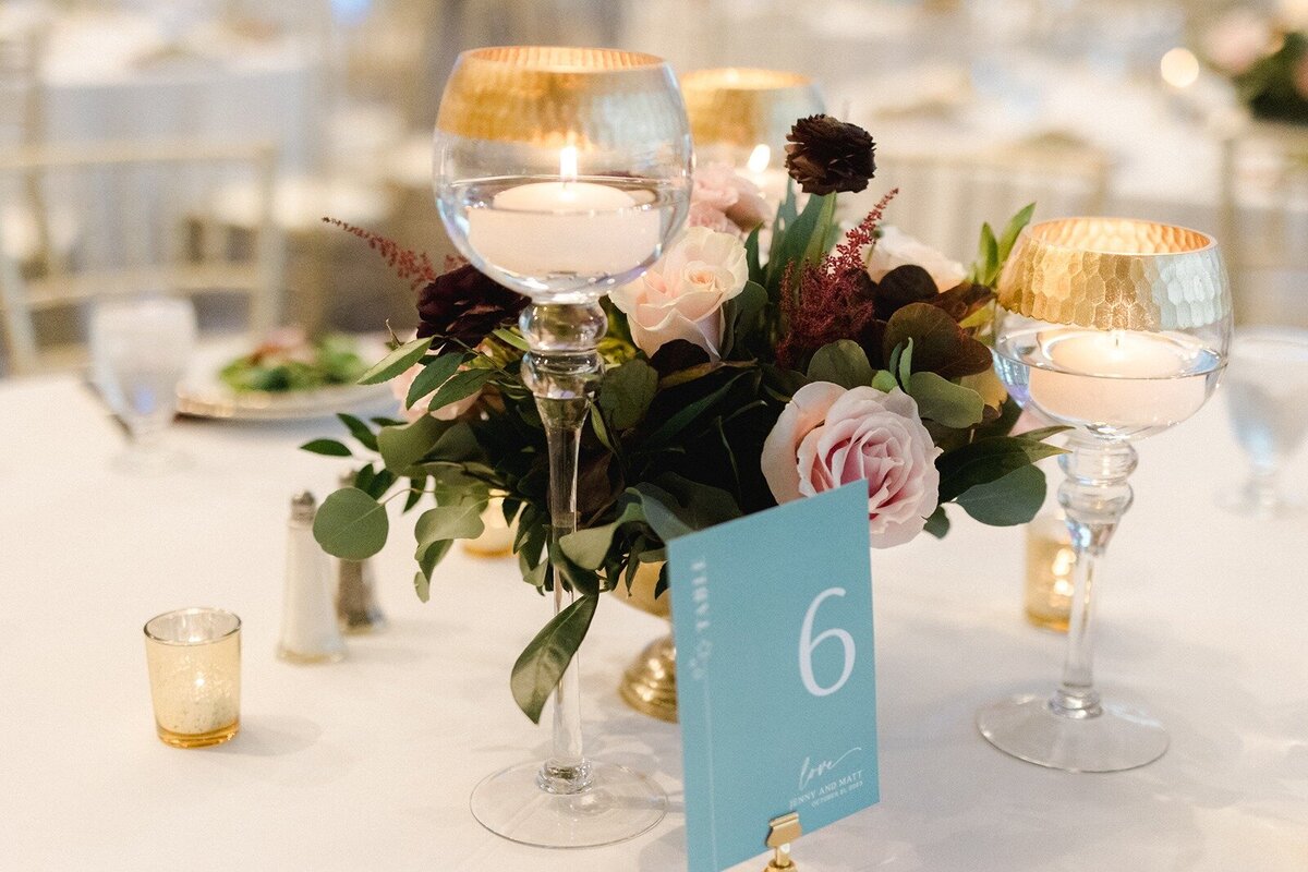 Wedding table with flower centerpiece and seating number