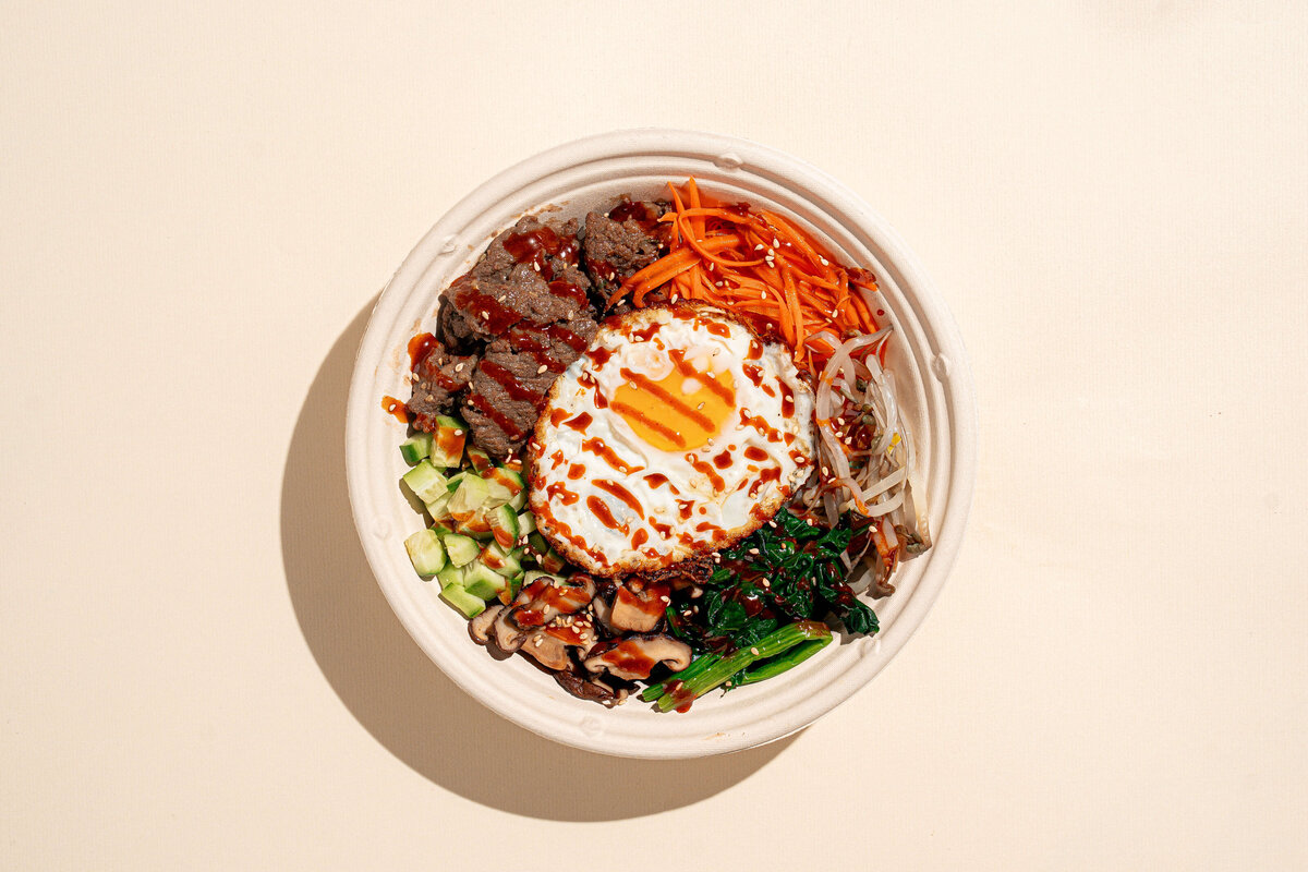 Bibimbap product photography in Columbia, SC on an ivory background