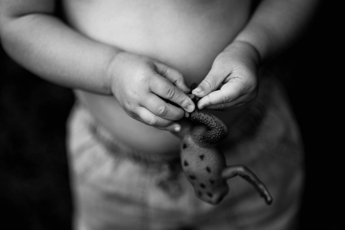 Black and white image of a child's hands holding a small rubber toy frog by one leg; held this way, the frog almost looks real.