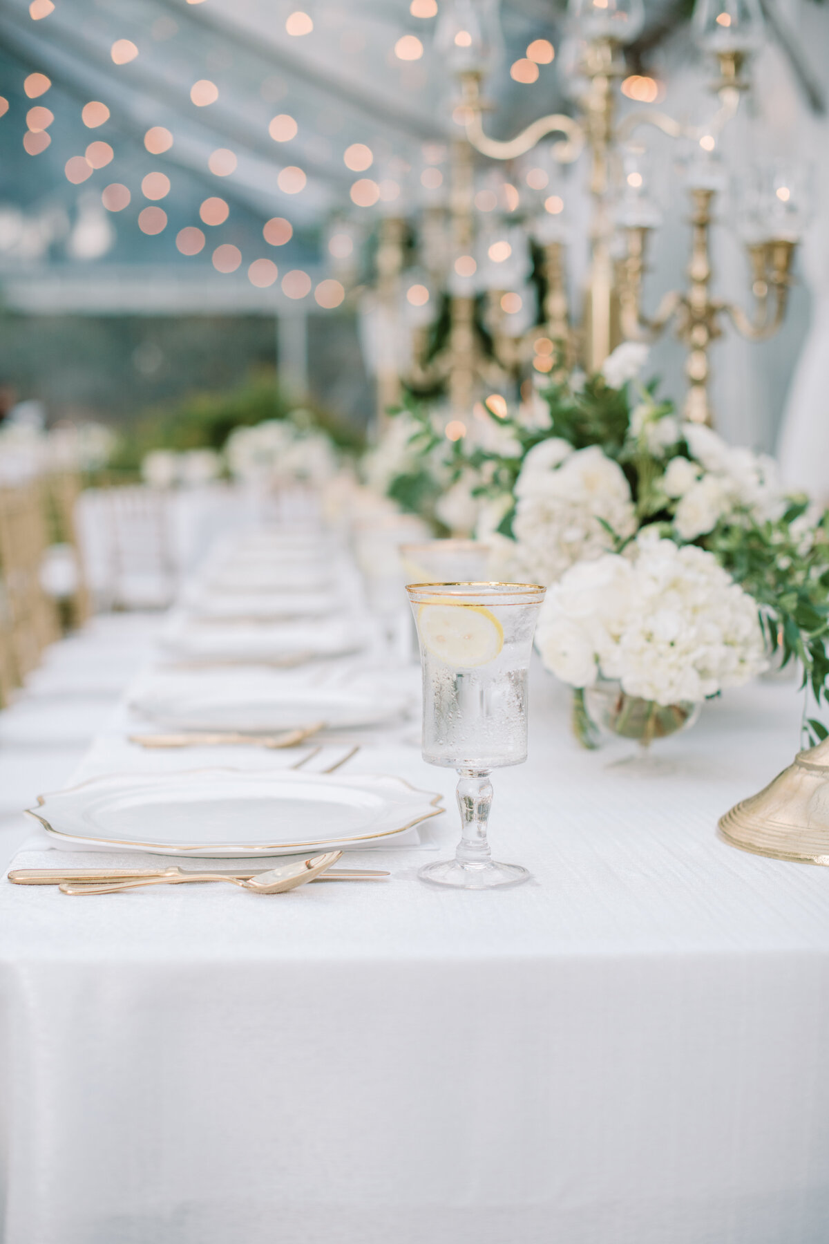 gold green and white reception details at crane cottage