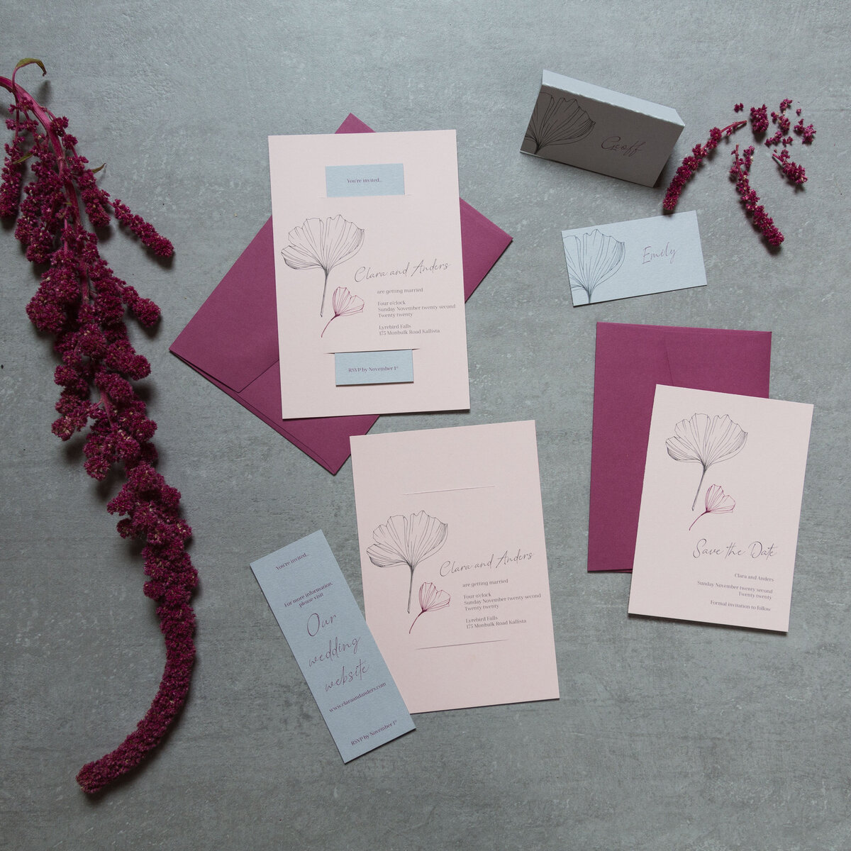 Pink and purple and grey wedding invitation suite with ginkgo leaf design and matching place card and save the date cards