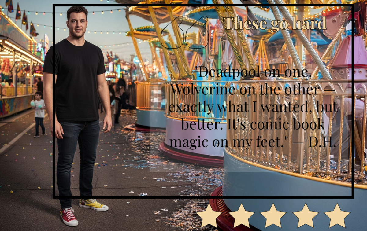 Testimonial for Custom one-of-one Converse High Top Chuck Taylor sneakers painted with the Deadpool and Wolverine theme. 