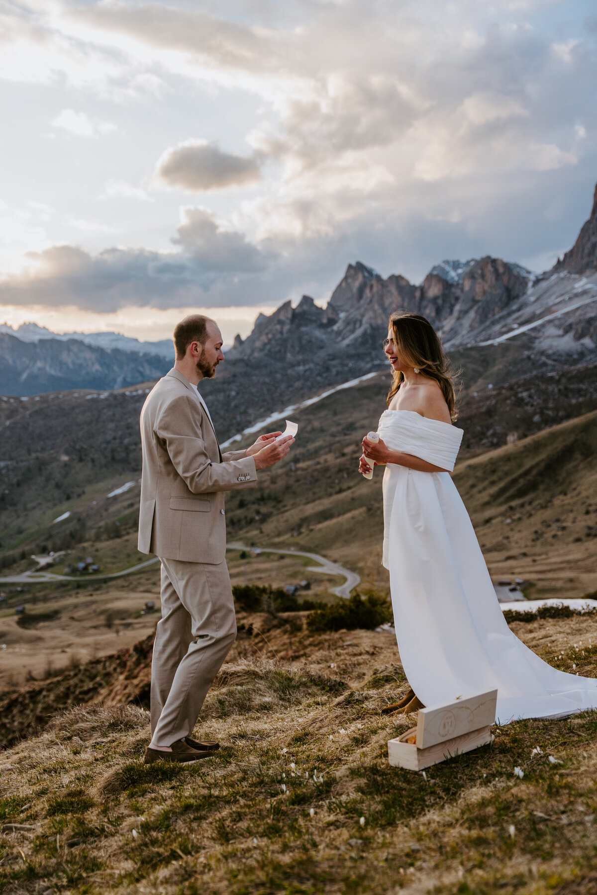 happy couple together in mountain elopement in Dolomites