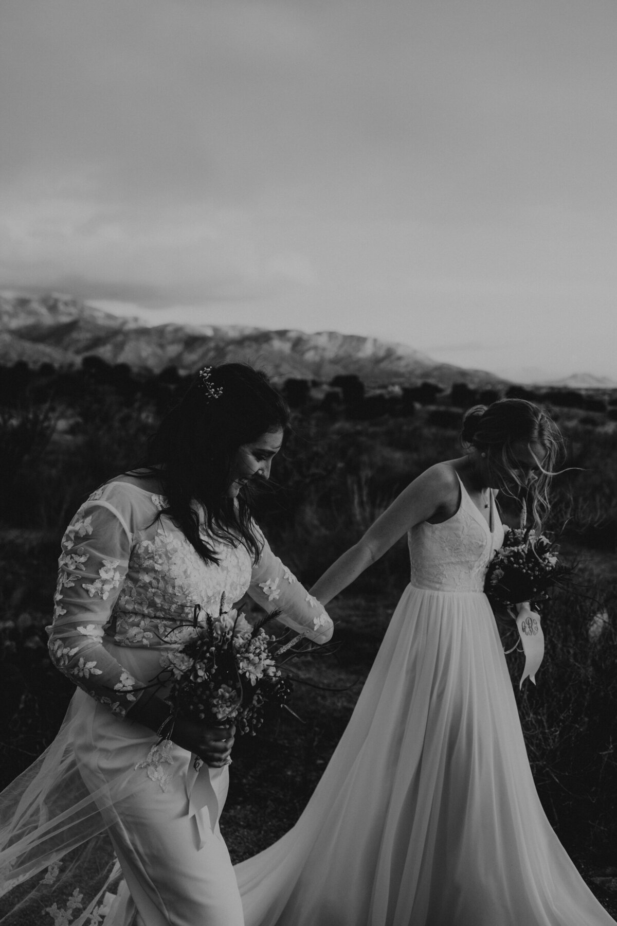 two brides walking together at the Sandia foothills in Albuquerque, New Mexico
