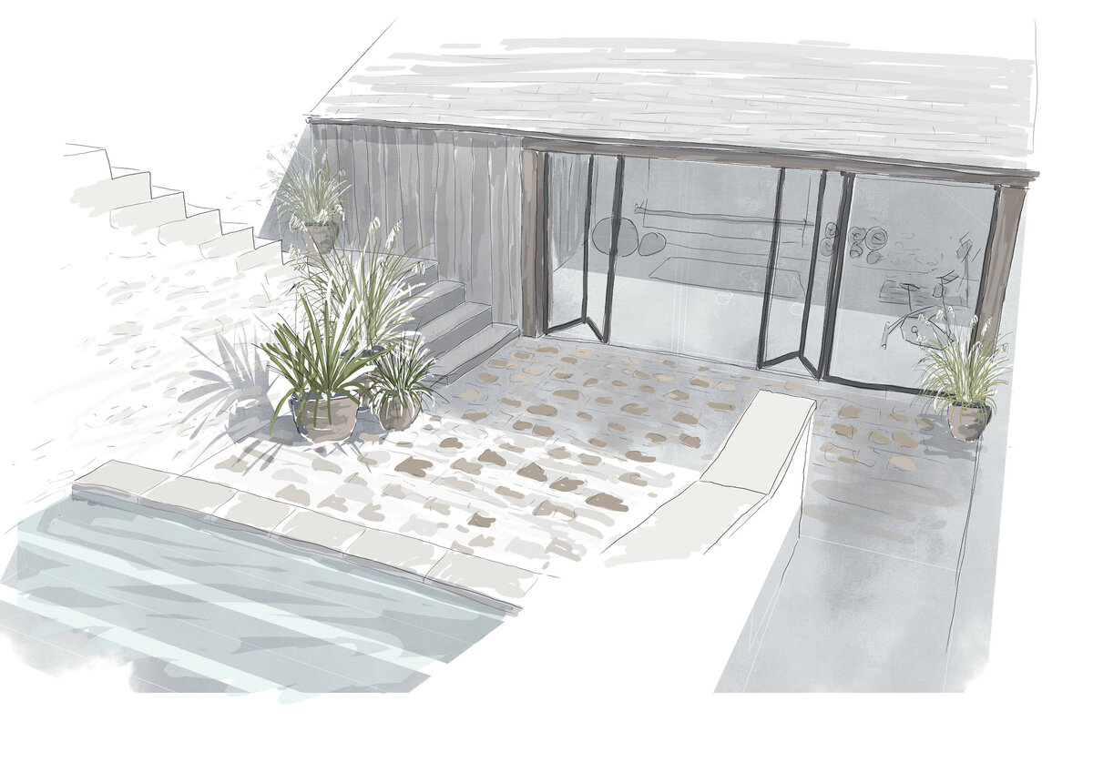 Sketch of a terrace with swimming pool