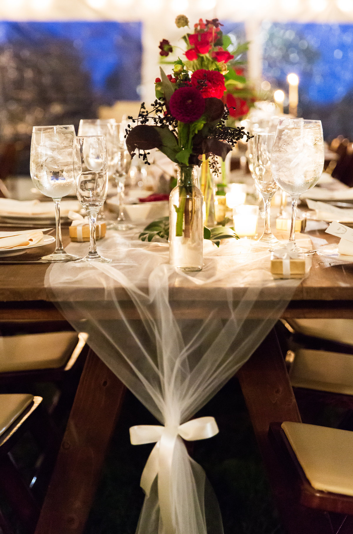 Wedding tablescape with white table runner