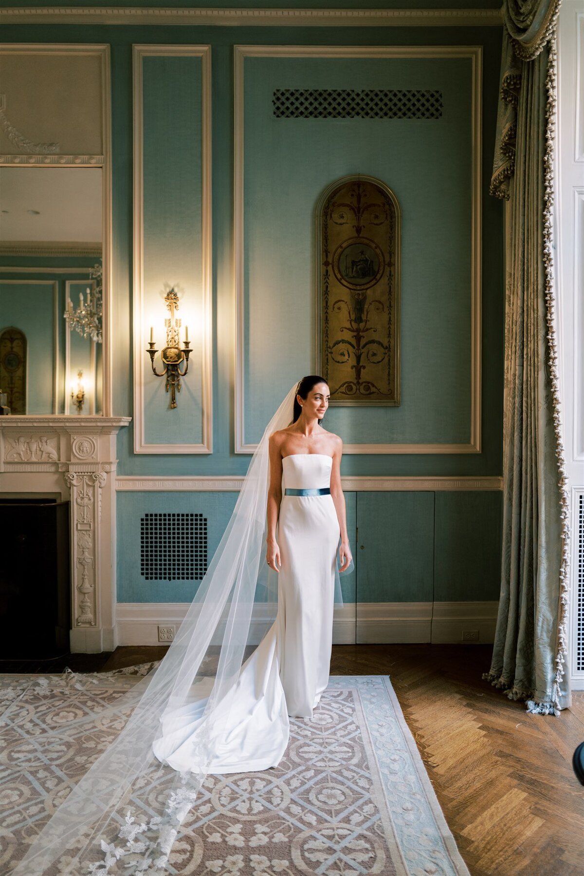 Bridal Portrait in blue room at Colony Club Private Club in New York