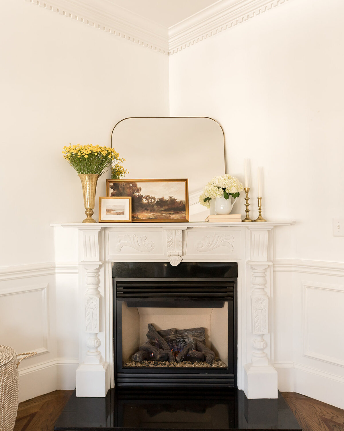 melinda chesson interiors boston living room fireplace with arched mirror