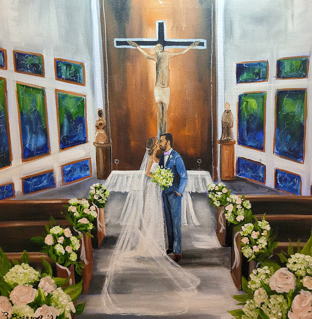 Catholic church live wedding painting in San Juan, Puerto Rico. Bride and groom share their first kiss at the altar.