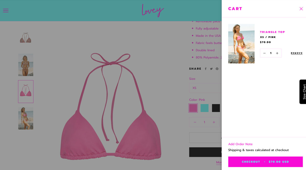 Lovey Bikini product cart design with neon pink details