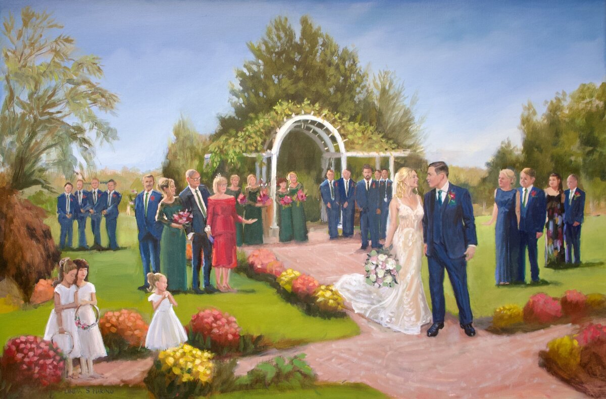 autumn live wedding painting of couple's ceremony long island vineyard with wedding party