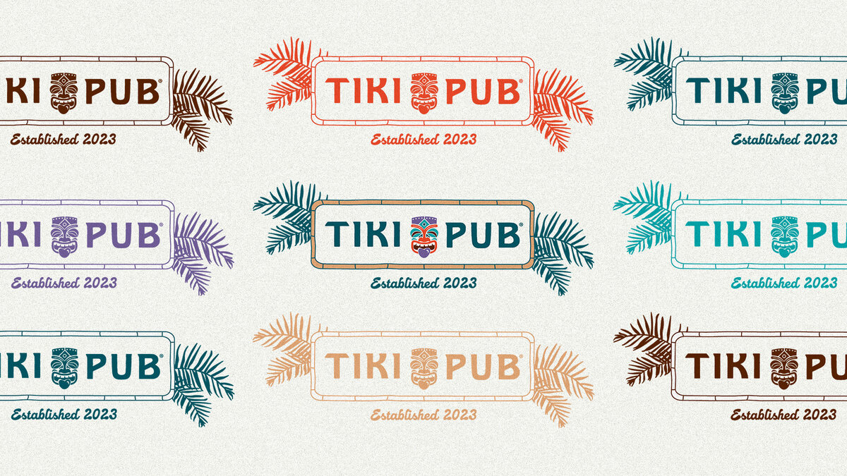 Horizontal logo for Tiki Pub with bamboo border and palm leaves.