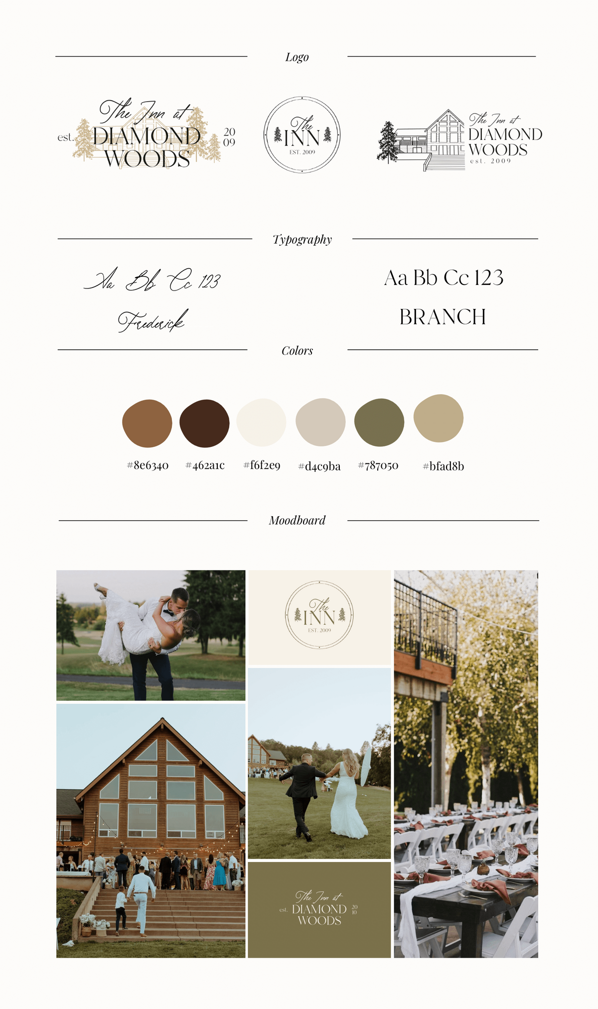 Moodboard featuring fonts and colors and brand design for a wedding venue representing full service design and calligraphy by Life in Letters.