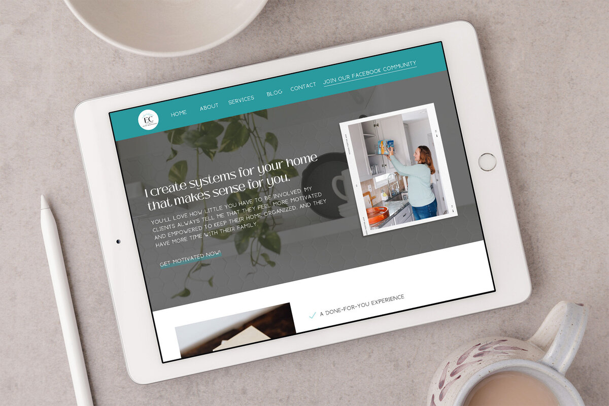 Ipad on table with website for Professional Organizer