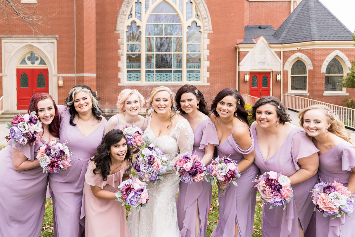 bride with bridesmaids in lilac dresses at  The Gatsby in Shelbyville,KY