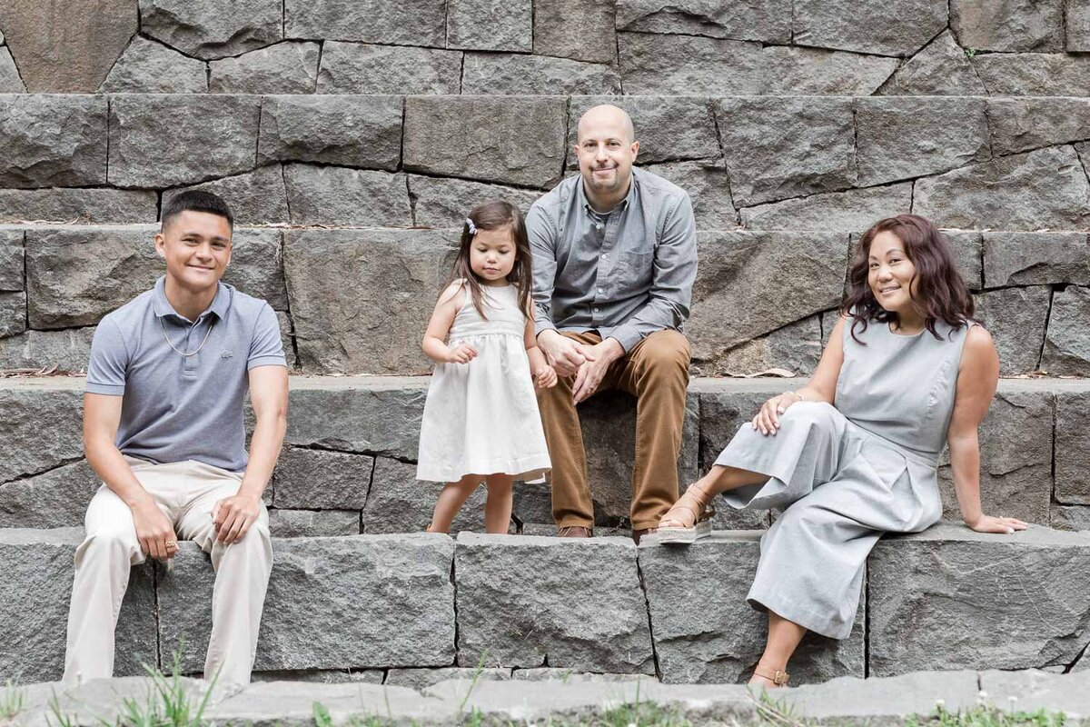 family on stone steps