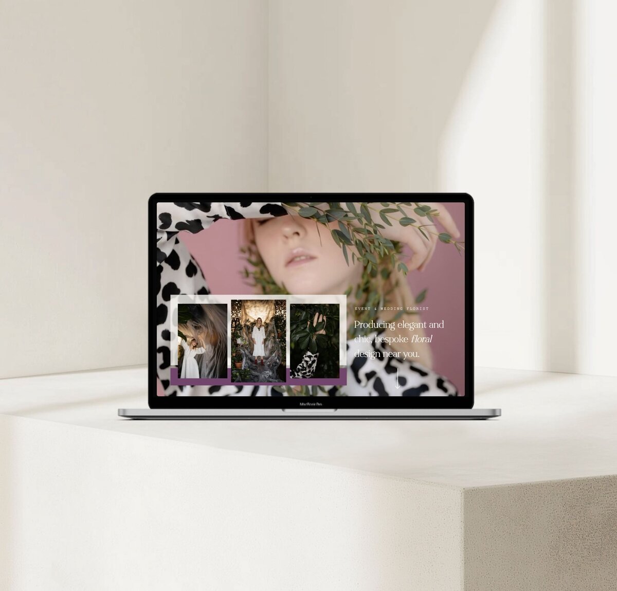 Maison Celeste luxury ShowIt website template mockup on MacBook with light neutral stone backdrop — editorial‑inspired premium web design.