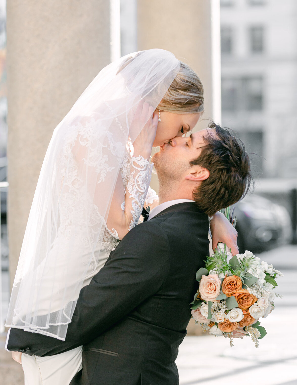 elegant wedding portrait in the city in Rhode Island