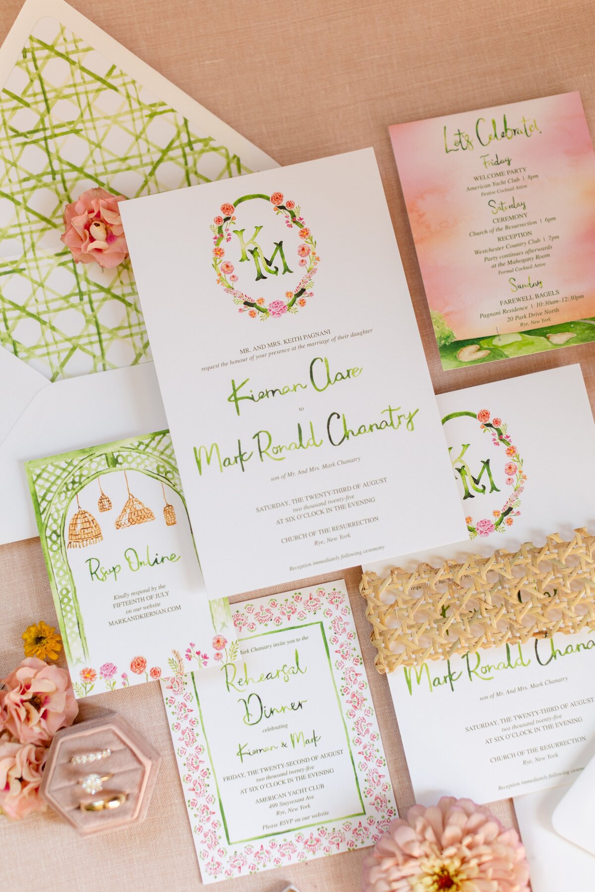 green, orange, pink, yellow,  flay lat of invitation 