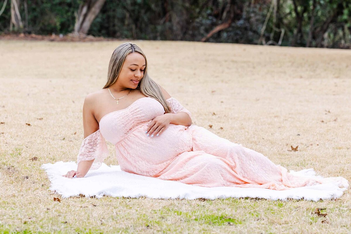 pregnant mom in pink blush dress in Lexington SC