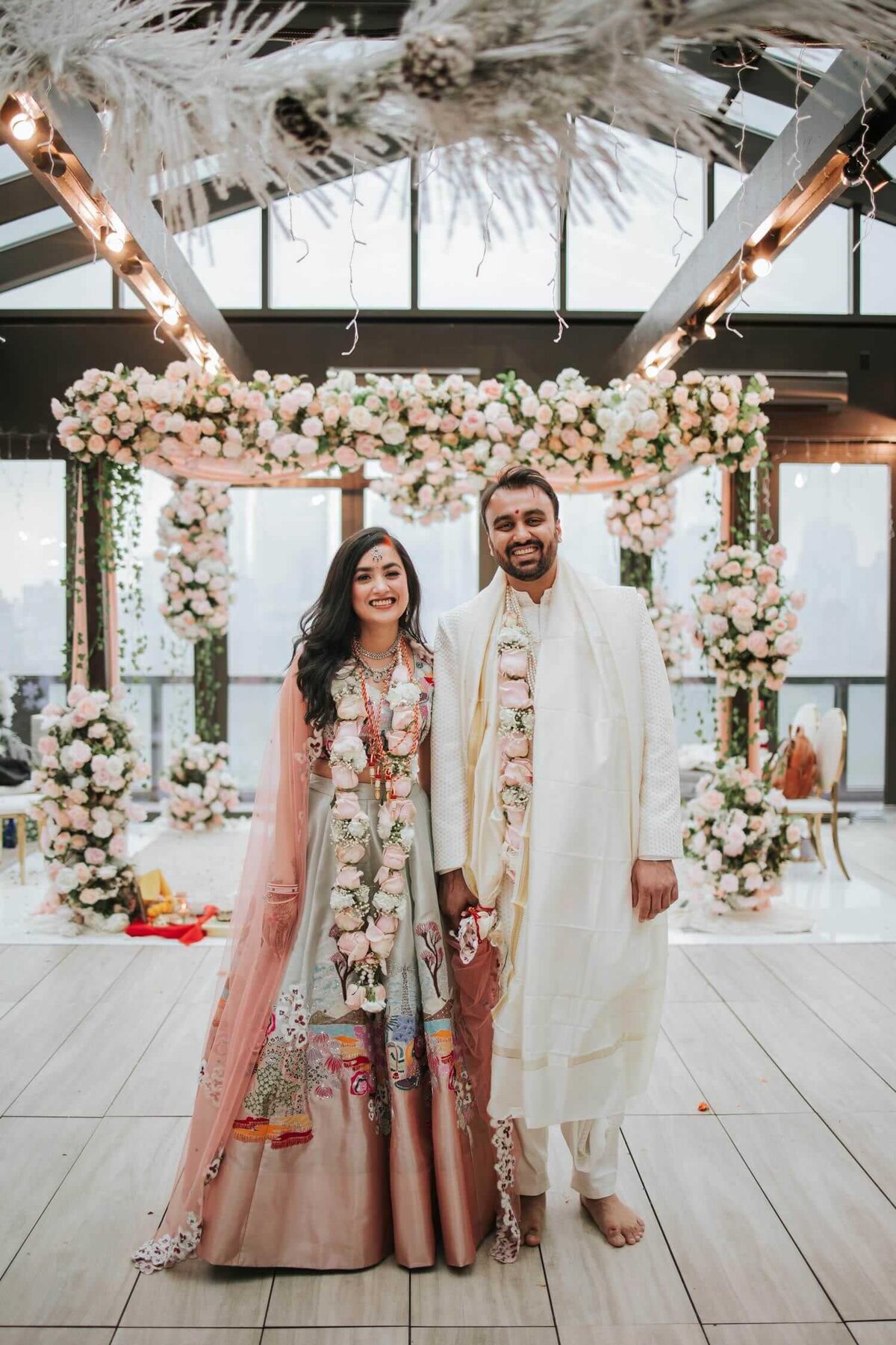 Bride and groom at the hyatt house in jersey city moment after their Indian ceremony.