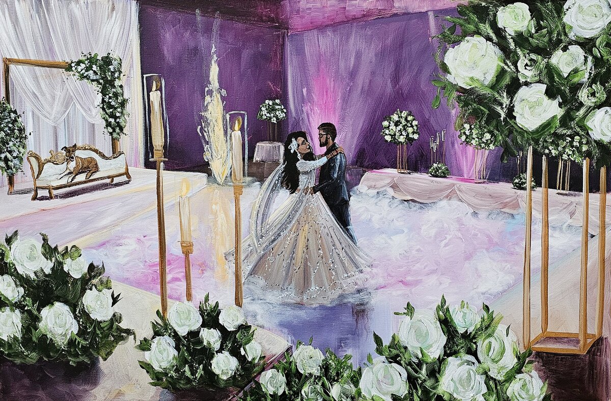 A completed live wedding painting featuring a Sikh bride and groom sharing their first dance