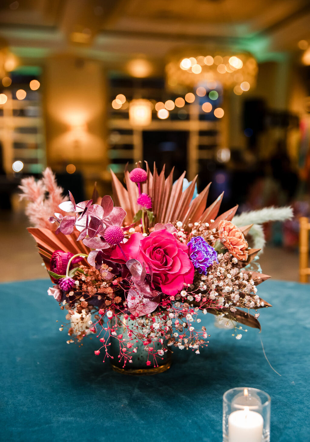 Bold floral arrangement with bright pink blooms at a Somerset County Bat Mitzvah celebration.