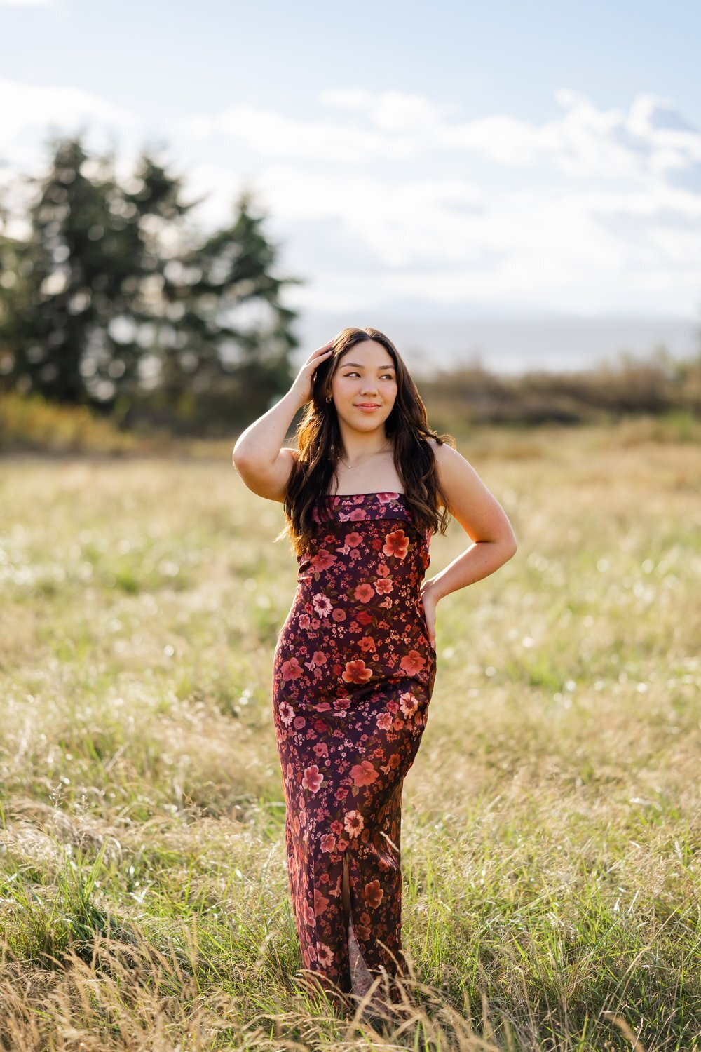kirkland high school senior in floral gown open field portrait