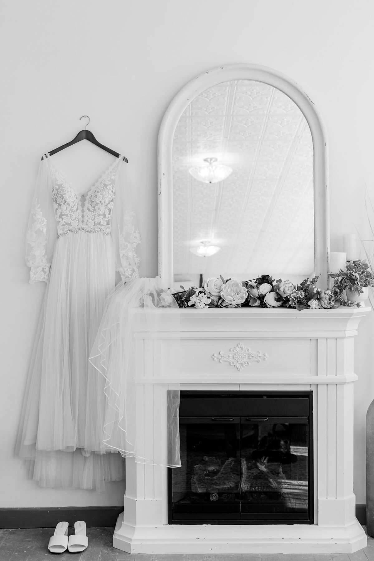 Wedding dress hanging up in the bridal suite