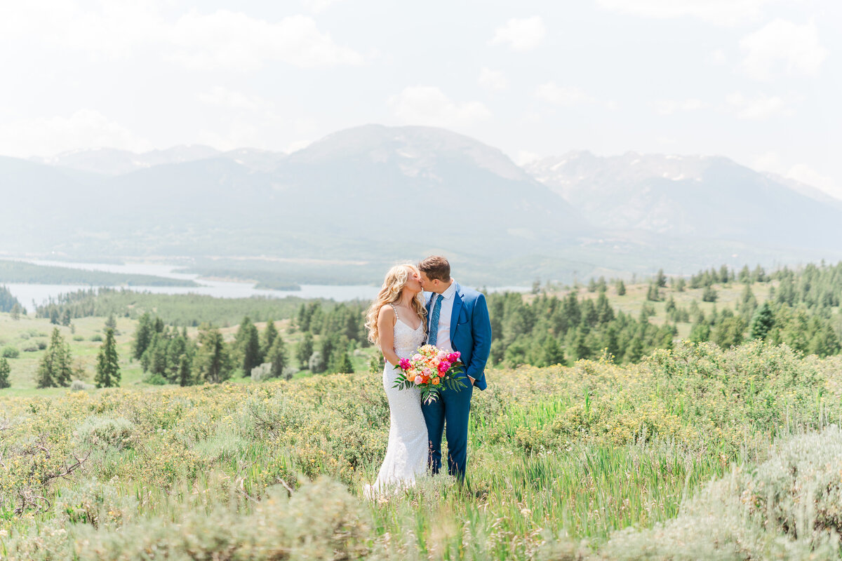 Lake Dillion Reservoir Colorado Elopement Wedding Mountain View Summer Pink and Orange Florals Sparkly Dress Light and Airy Elena Spraguer Photography0035
